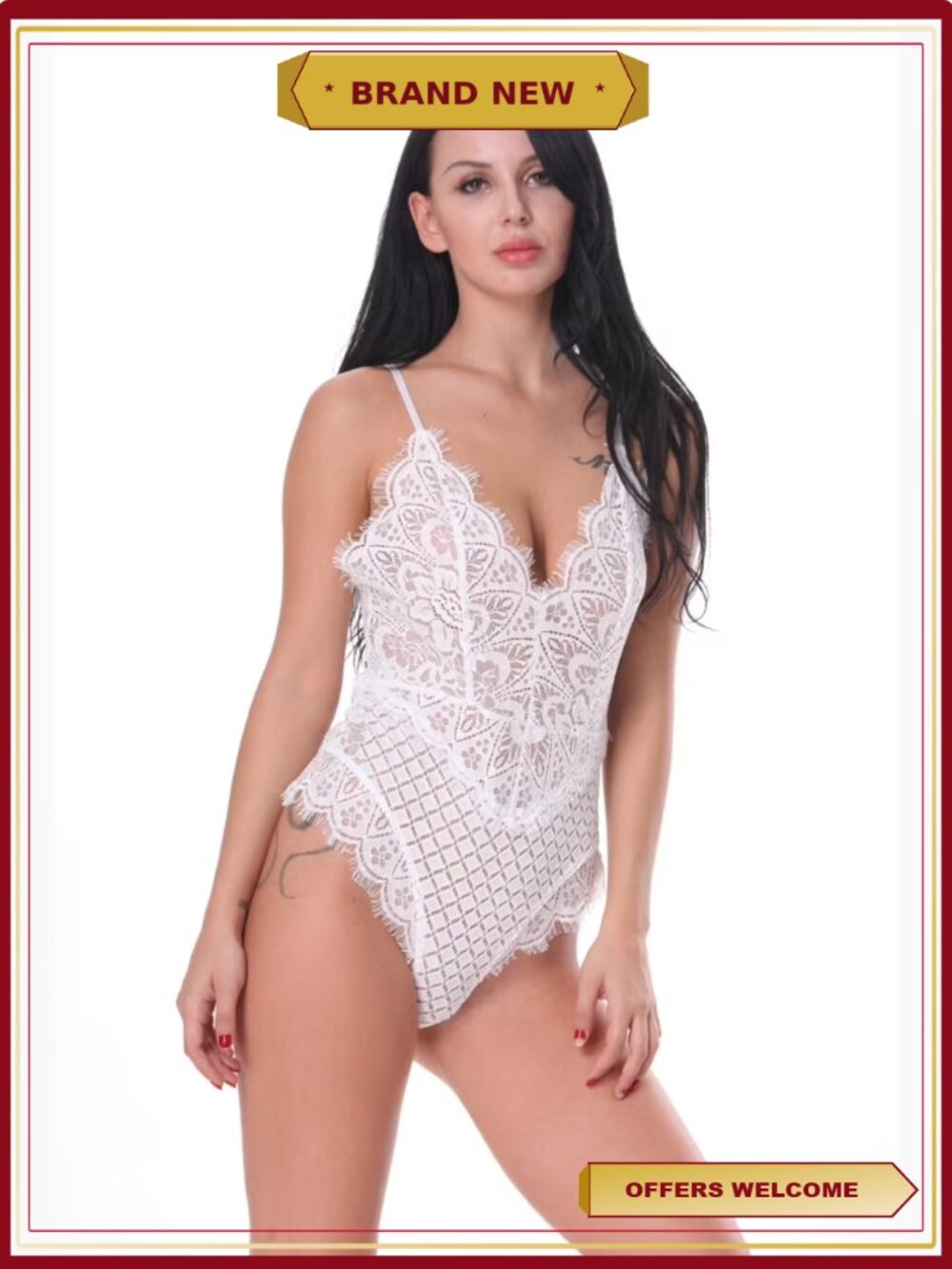 Women Plus Size Lace Teddy Bodysuit Jumpsuit One Piece Lingerie White L